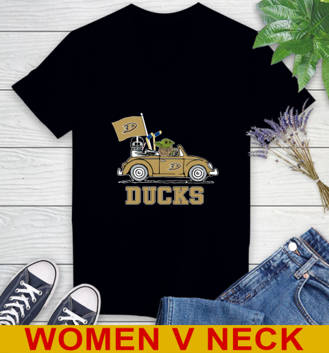NHL Hockey Anaheim Ducks Darth Vader Baby Yoda Driving Star Wars Shirt Women's V-Neck T-Shirt 2