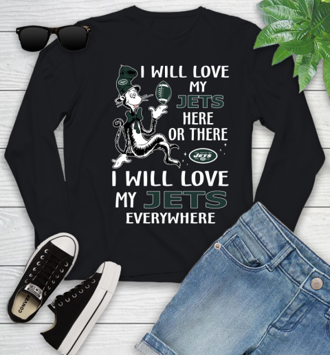 NFL Football New York Jets I Will Love My Jets Everywhere Dr Seuss Shirt Youth Long Sleeve