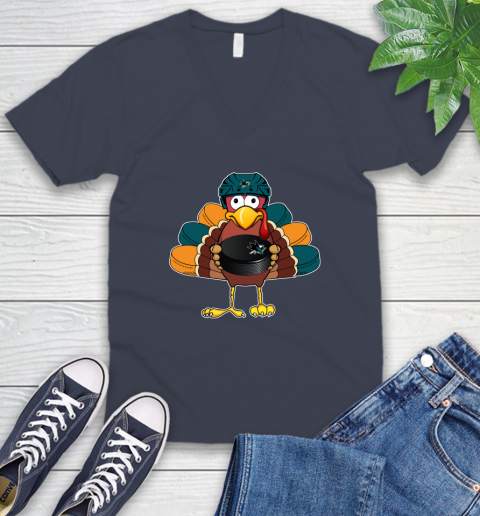 San Jose Sharks Turkey Thanksgiving Day V-Neck T-Shirt 9