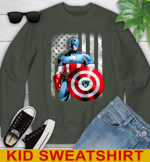 Brooklyn Nets NBA Basketball Captain America Marvel Avengers American Flag Shirt Youth Sweatshirt 8