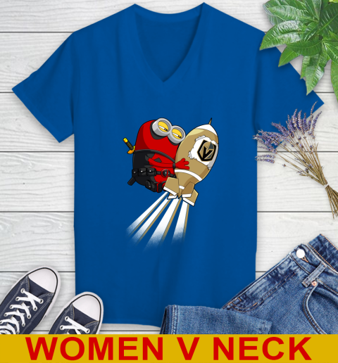 NHL Hockey Vegas Golden Knights Deadpool Minion Marvel Shirt Women's V-Neck T-Shirt 9