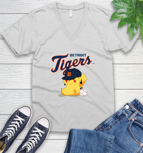 MLB Pikachu Baseball Sports Detroit Tigers V-Neck T-Shirt