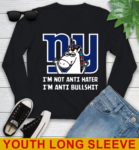 New York Giants NFL Football Unicorn I'm Not Anti Hater I'm Anti Bullshit Youth Long Sleeve 2