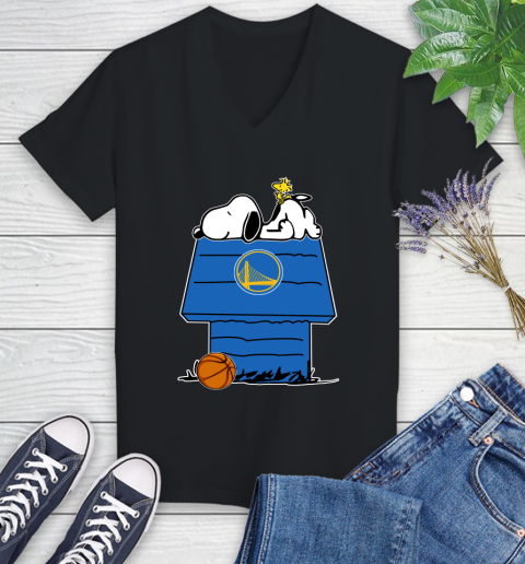 Golden State Warriors NBA Basketball Snoopy Woodstock The Peanuts Movie Women's V-Neck T-Shirt 2
