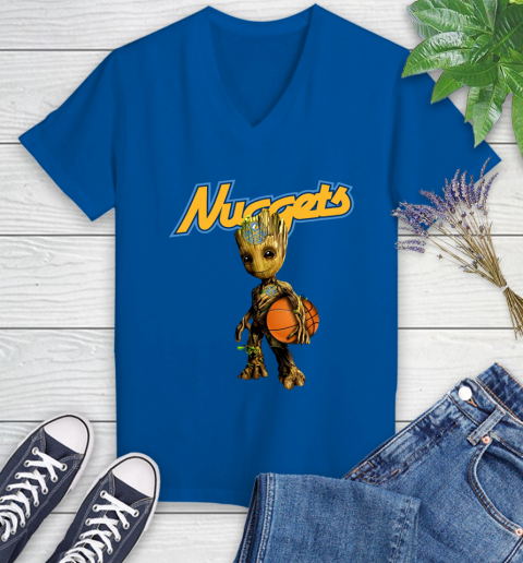 Denver Nuggets NBA Basketball Groot Marvel Guardians Of The Galaxy Women's V-Neck T-Shirt 10