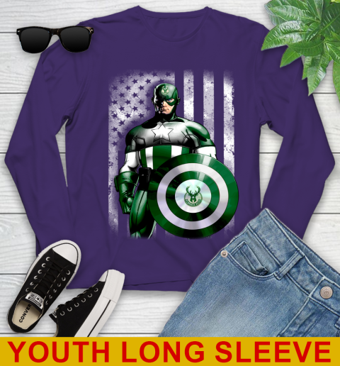 Milwaukee Bucks NBA Basketball Captain America Marvel Avengers American Flag Shirt Youth Long Sleeve 4