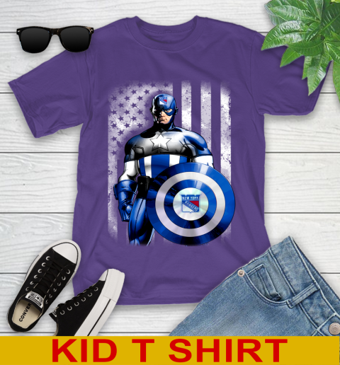 New York Rangers NHL Hockey Captain America Marvel Avengers American Flag Shirt Youth T-Shirt 3