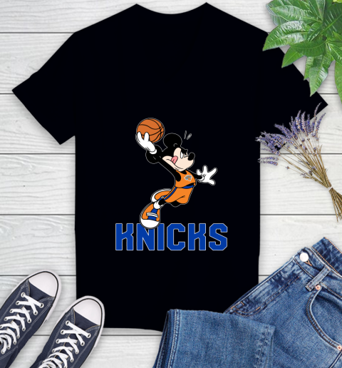 NBA Basketball New York Knicks Cheerful Mickey Mouse Shirt Women's V-Neck T-Shirt