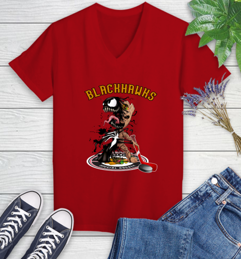 NHL Chicago Blackhawks Hockey Venom Groot Guardians Of The Galaxy Women's V-Neck T-Shirt 12