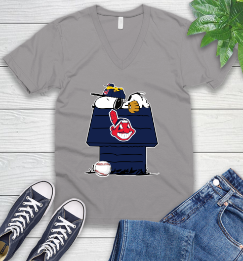 MLB Cleveland Indians Snoopy Woodstock The Peanuts Movie Baseball T Shirt V-Neck T-Shirt 4