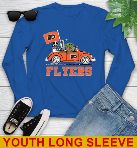 NHL Hockey Philadelphia Flyers Darth Vader Baby Yoda Driving Star Wars Shirt Youth Long Sleeve 10