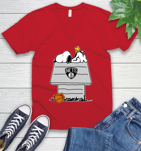 Brooklyn Nets NBA Basketball Snoopy Woodstock The Peanuts Movie V-Neck T-Shirt 7