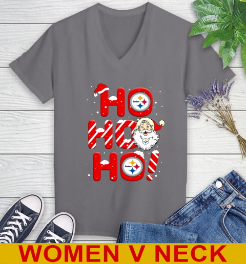 Pittsburgh Steelers NFL Football Ho Ho Ho Santa Claus Merry Christmas Shirt Women's V-Neck T-Shirt 11