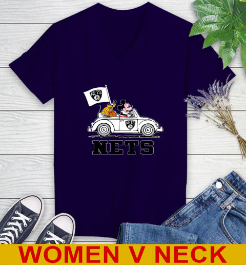 NBA Basketball Brooklyn Nets Pluto Mickey Driving Disney Shirt Women's V-Neck T-Shirt 4