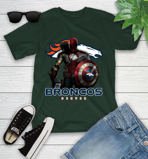 NFL Captain America Thor Spider Man Hawkeye Avengers Endgame Football Denver Broncos Youth T-Shirt 5