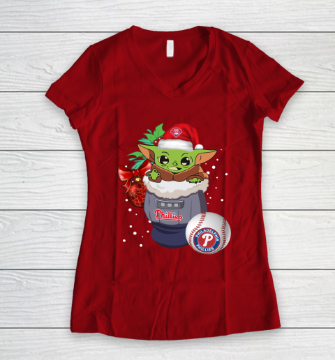 Philadelphia Phillies Christmas Baby Yoda Star Wars Funny Happy MLB Women's V-Neck T-Shirt 10