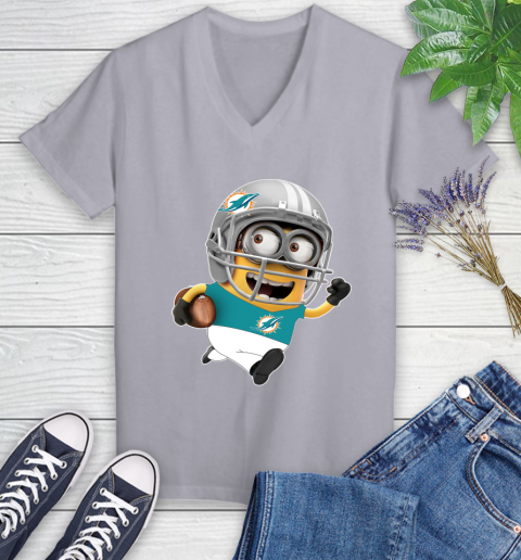NFL Miami Dolphins Minions Disney Football Sports Women's V-Neck T-Shirt 4