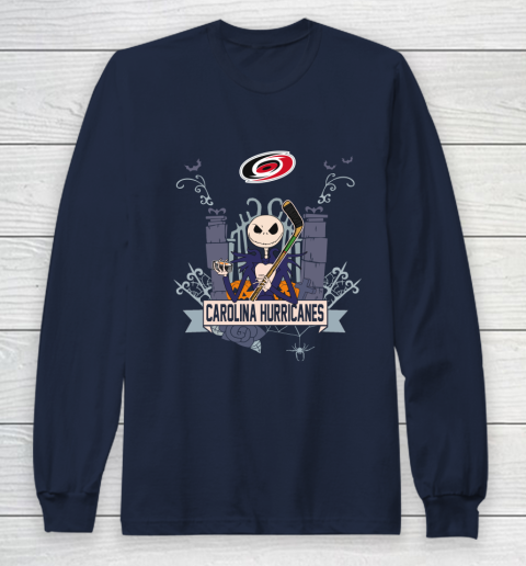 NHL Carolina Hurricanes Hockey Jack Skellington Halloween Long Sleeve T-Shirt 2