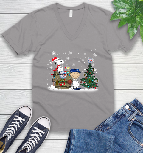 MLB Toronto Blue Jays Snoopy Charlie Brown Christmas Baseball Commissioner's Trophy V-Neck T-Shirt 3