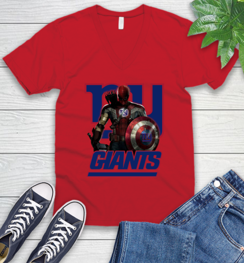 NFL Captain America Thor Spider Man Hawkeye Avengers Endgame Football New York Giants V-Neck T-Shirt 7