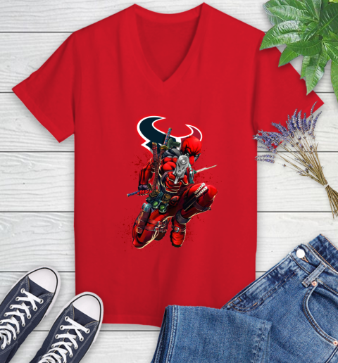 NFL Deadpool Marvel Comics Sports Football Houston Texans Women's V-Neck T-Shirt 12