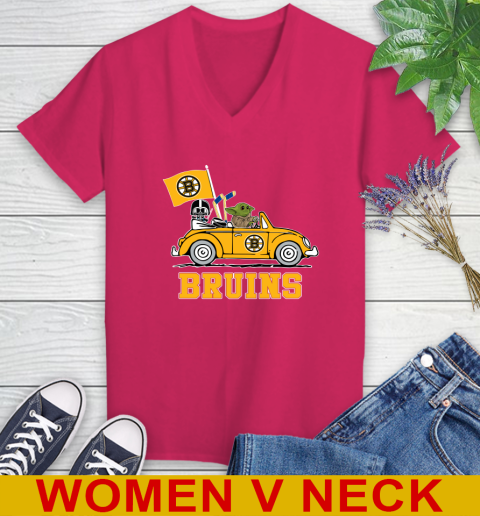 NHL Hockey Boston Bruins Darth Vader Baby Yoda Driving Star Wars Shirt Women's V-Neck T-Shirt 10