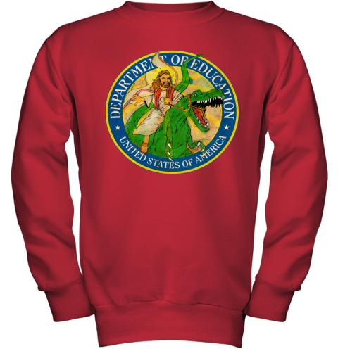 ux9d department of education badass jesus riding a dinosaur shirts youth sweatshirt 47 front red