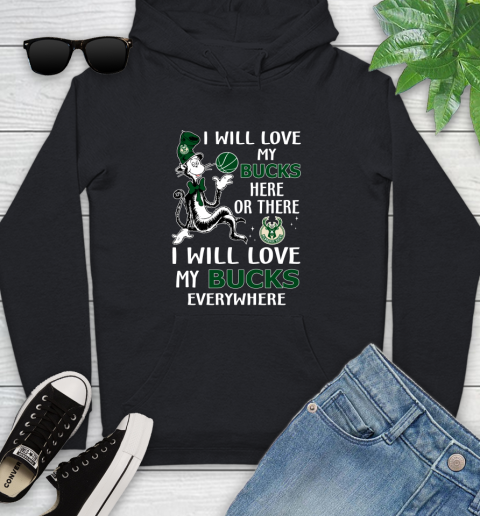 NBA Basketball Milwaukee Bucks I Will Love My Bucks Everywhere Dr Seuss Shirt Youth Hoodie