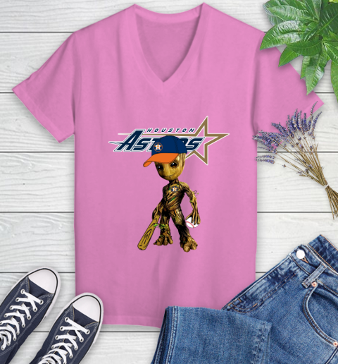 MLB Houston Astros Groot Guardians Of The Galaxy Baseball Women's V-Neck T-Shirt 14