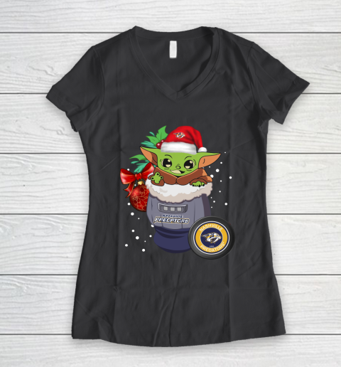 Nashville Predators Christmas Baby Yoda Star Wars Funny Happy NHL Women's V-Neck T-Shirt 8