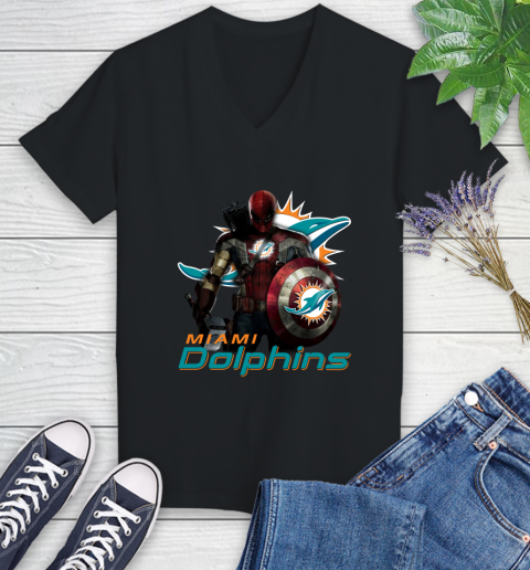 NFL Captain America Thor Spider Man Hawkeye Avengers Endgame Football Miami Dolphins Women's V-Neck T-Shirt 2
