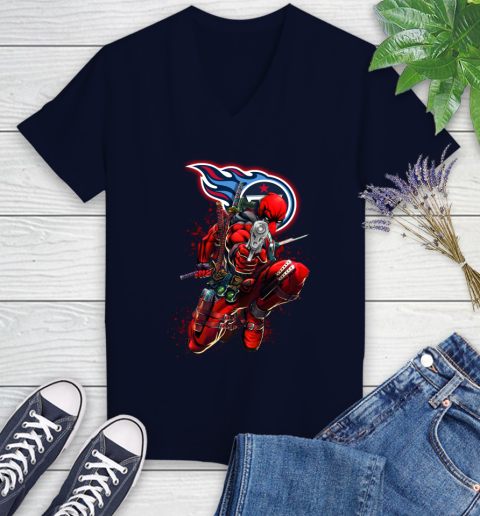 NFL Deadpool Marvel Comics Sports Football Tennessee Titans Women's V-Neck T-Shirt 3