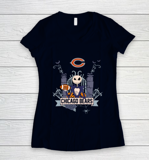 NFL Chicago Bears Football Jack Skellington Halloween Women's V-Neck T-Shirt 2