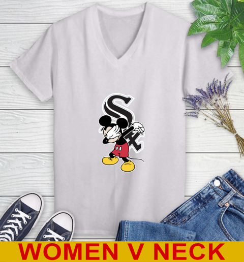 Chicago White Sox MLB Baseball Dabbing Mickey Disney Sports Women's V-Neck T-Shirt