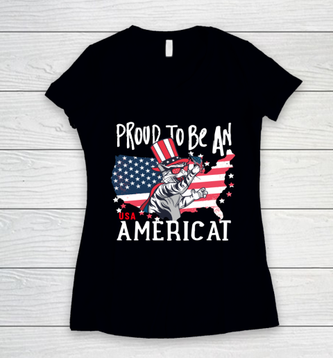 Independence Day 4th Of July USA  American Flag Day Cat Women's V-Neck T-Shirt