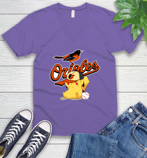MLB Pikachu Baseball Sports Baltimore Orioles V-Neck T-Shirt 9