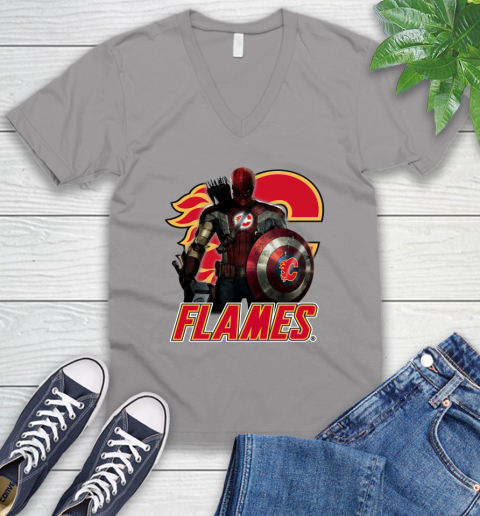 NHL Captain America Thor Spider Man Hawkeye Avengers Endgame Hockey Calgary Flames V-Neck T-Shirt 4