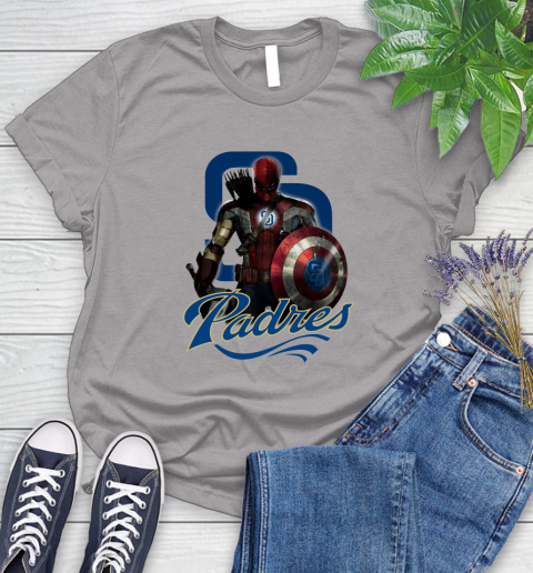 MLB Captain America Thor Spider Man Hawkeye Avengers Endgame Baseball San Diego Padres Women's T-Shirt 5