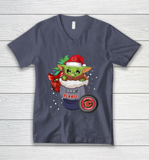 Calgary Flames Christmas Baby Yoda Star Wars Funny Happy NHL V-Neck T-Shirt 8
