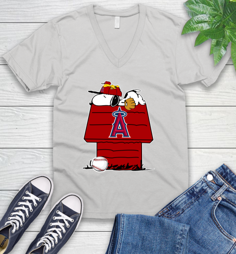 MLB Los Angeles Angels Snoopy Woodstock The Peanuts Movie Baseball T Shirt V-Neck T-Shirt