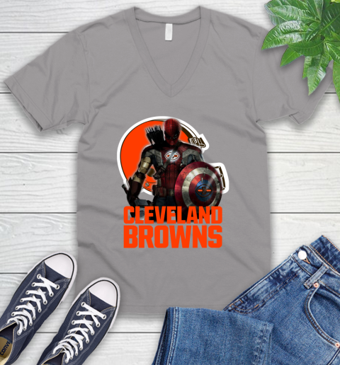 NFL Captain America Thor Spider Man Hawkeye Avengers Endgame Football Cleveland Browns V-Neck T-Shirt 4