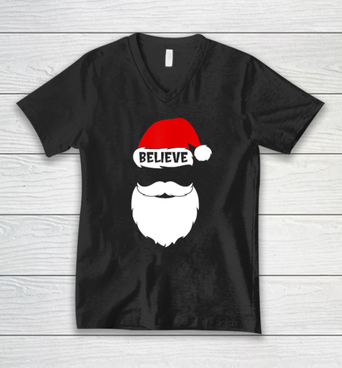 Christmas Believe In Santa Claus Believe Quote On Santa Hat V-Neck T-Shirt