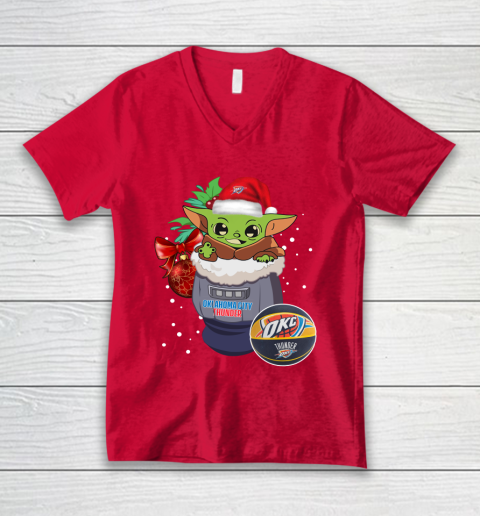 Oklahoma City Thunder Christmas Baby Yoda Star Wars Funny Happy NBA V-Neck T-Shirt 7
