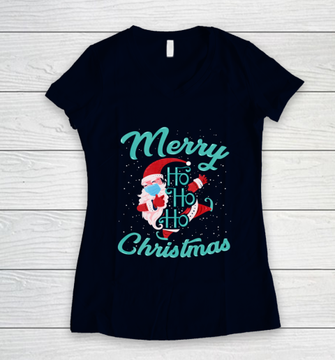 Merry Christmas Ho Ho Ho Santa Claus Wearing A Face Mask Women's V-Neck T-Shirt 2