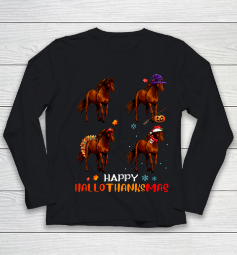Horse Halloween Thanksgiving Christmas Happy Hallothanksmas Youth Long Sleeve