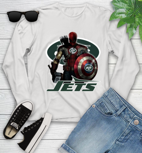NFL Captain America Thor Spider Man Hawkeye Avengers Endgame Football New York Jets Youth Long Sleeve