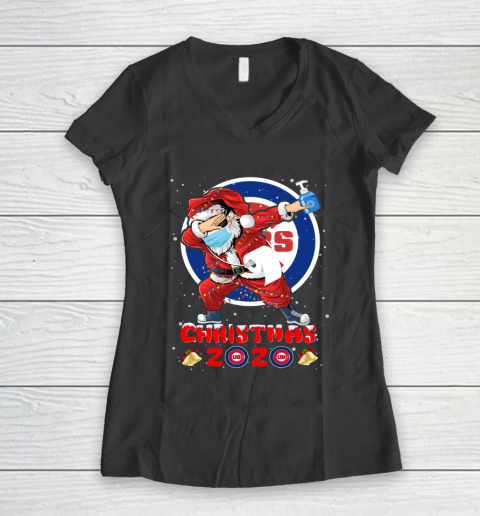 Chicago Cubs Funny Santa Claus Dabbing Christmas 2020 MLB Women's V-Neck T-Shirt 6