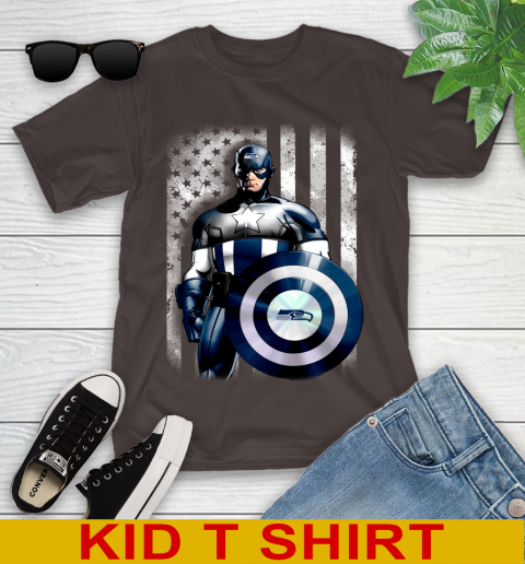 Seattle Seahawks NFL Football Captain America Marvel Avengers American Flag Shirt Youth T-Shirt 6
