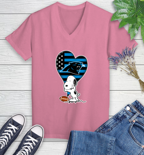 Carolina Panthers NFL Football The Peanuts Movie Adorable Snoopy Women's V-Neck T-Shirt 13