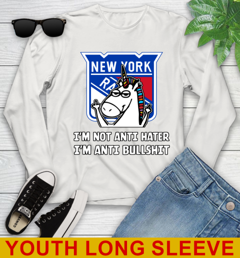 New York Rangers NHL Hockey Unicorn I'm Not Anti Hater I'm Anti Bullshit Youth Long Sleeve 12